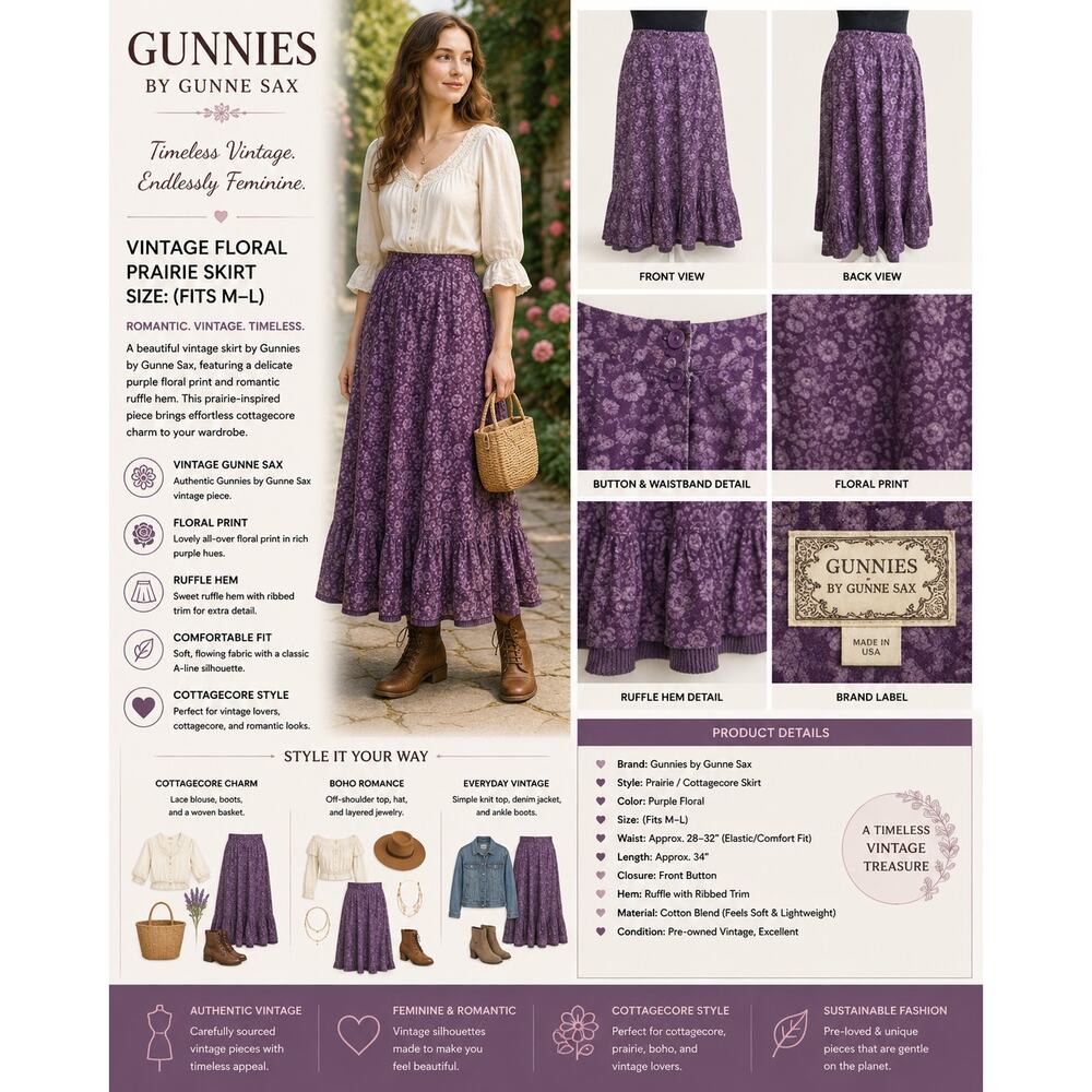 Gunnies Gunne Sax Vintage Skirt Floral Purple Ruffle Hem Prairie Cottagecore - Picture 2 of 13